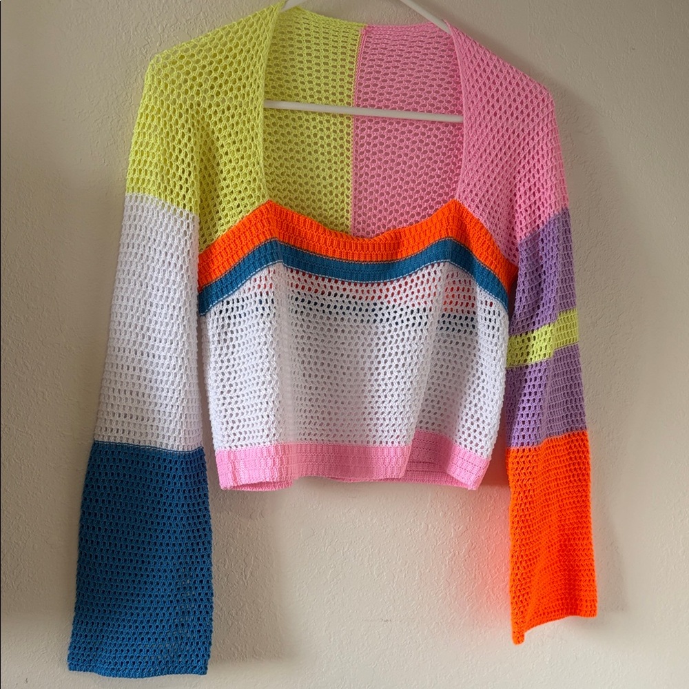 Neon Colorblock Crochet Open Knit Women's Sweater - Multicolor